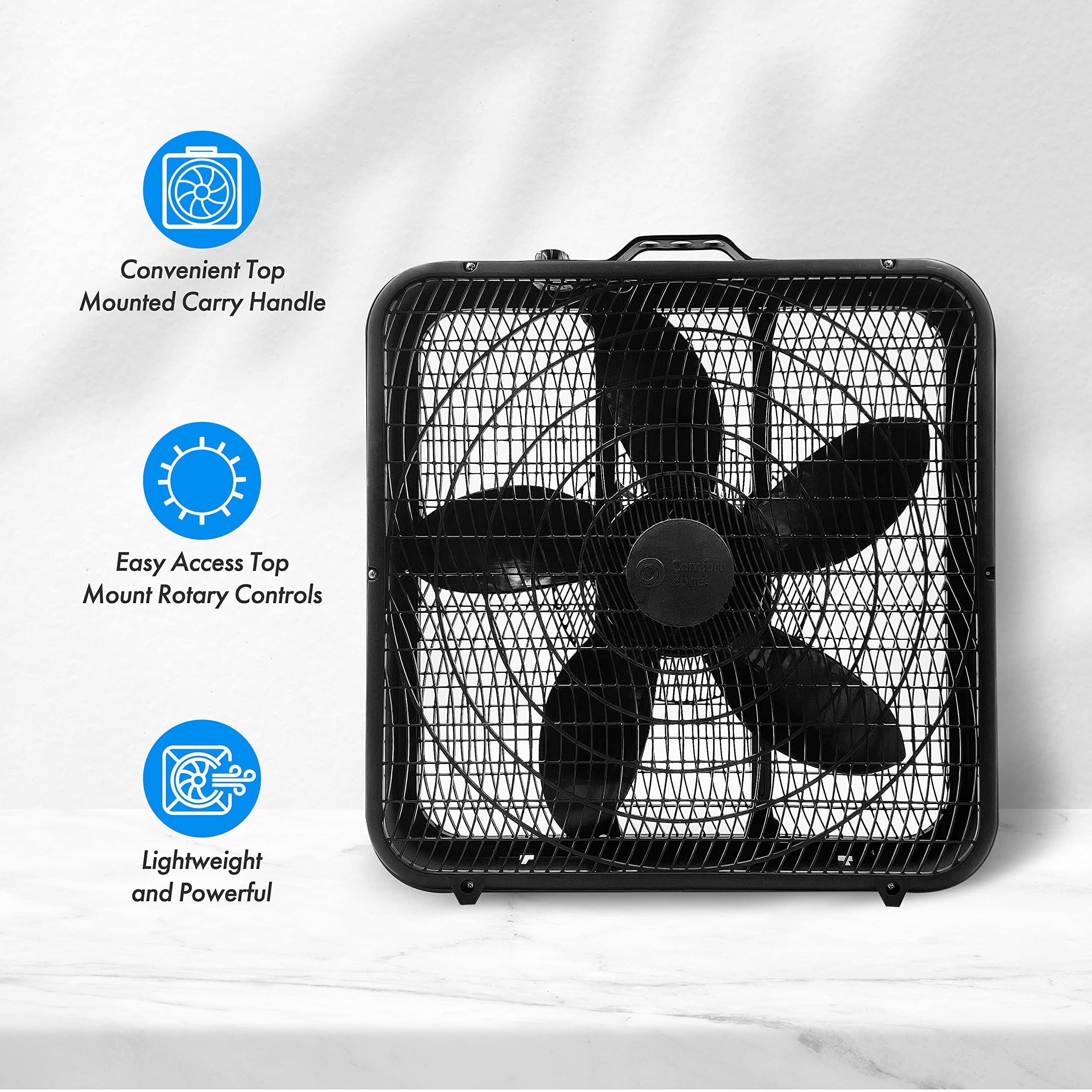 Comfort Zone Box Fan with Carry Handle, 20 inch, 3 Speed Full-Force Air Circulation with Air Conditioner, Floor Fan, Bedroom Fan, Airflow 15.03 ft/sec, Ideal for Home, Bedroom & Office, CZ200ABK