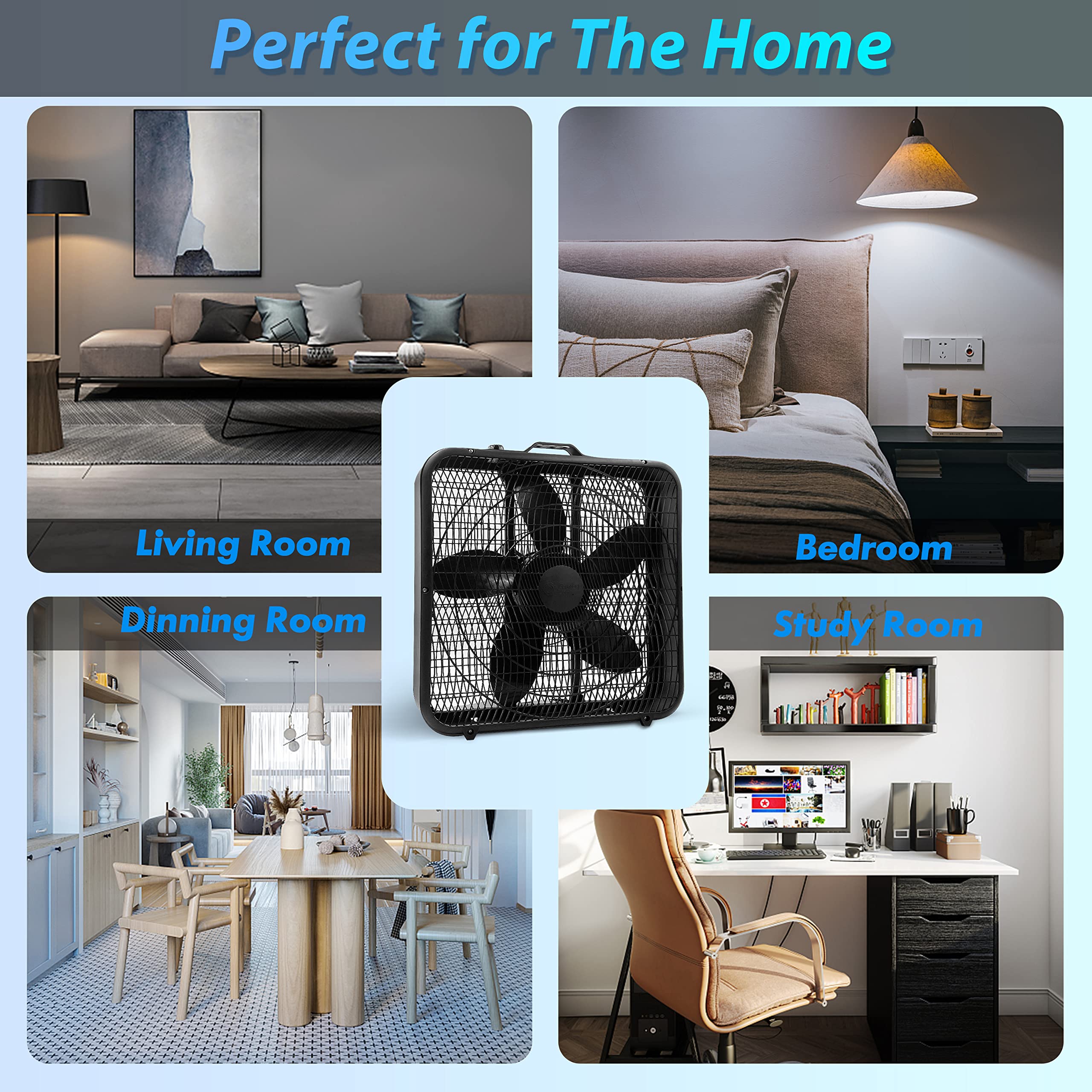 Comfort Zone Box Fan with Carry Handle, 20 inch, 3 Speed Full-Force Air Circulation with Air Conditioner, Floor Fan, Bedroom Fan, Airflow 15.03 ft/sec, Ideal for Home, Bedroom & Office, CZ200ABK