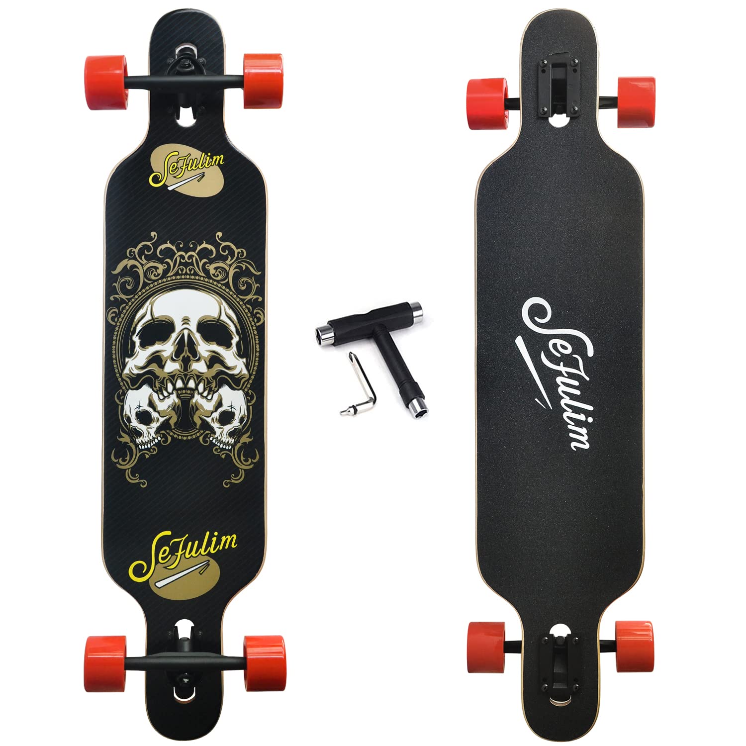 ‎Sefulim Skull Longboard Skateboard, 41 Inch Deck Complete Maple Cruiser Freestyle Longboard Skateboard for Kids Teen Boys Girls Beginners