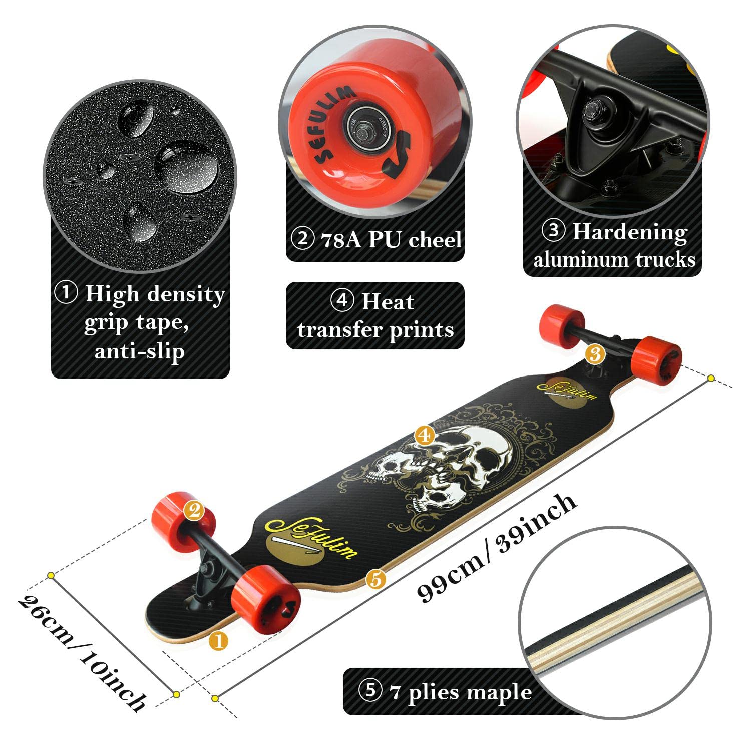 ‎Sefulim Skull Longboard Skateboard, 41 Inch Deck Complete Maple Cruiser Freestyle Longboard Skateboard for Kids Teen Boys Girls Beginners