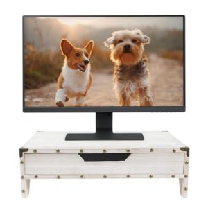 Ikee Design Wooden 2 Tier Monitor Stand with Drawer,Wood Desktop Stands for Laptop ,TV, Computer Riser,Wooden Clutter-Free Desk Stand with Storage Organizer,16 1/2 W x 10 1/4 D x 5 1/8 H in, White