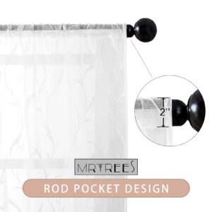 MRTREES Voile Sheer Curtains White, Leaves Embroidery Curtain Panels, Sheer Bedroom Curtain Tiers Rod Pocket Window Treatment for Living Room/Basement(2 Panels, 30x45 Inches, White Wheat Spike)