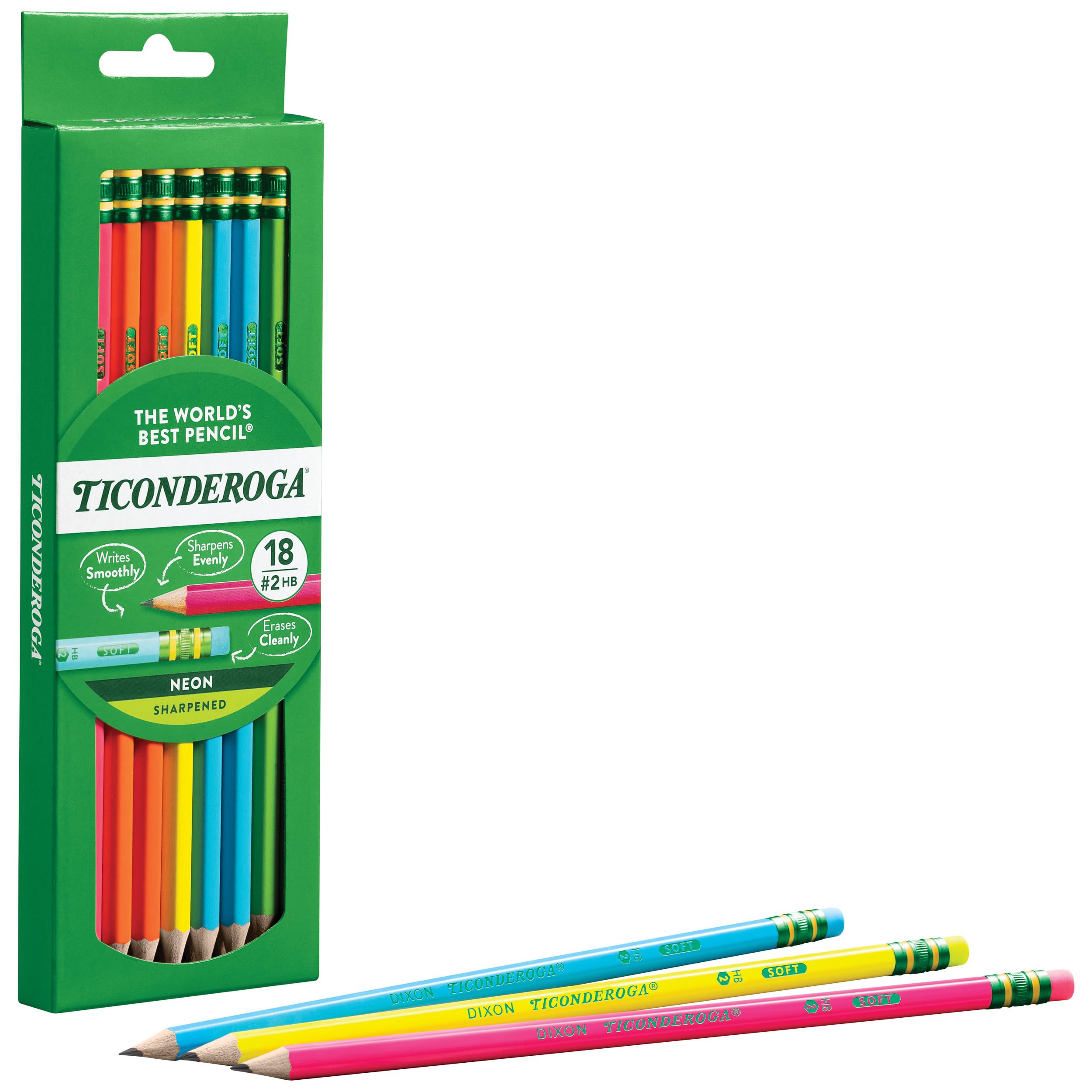 Ticonderoga Wood-Cased Pencils, Pre-Sharpened, 2 HB Soft, Neon Colors, 18 Count