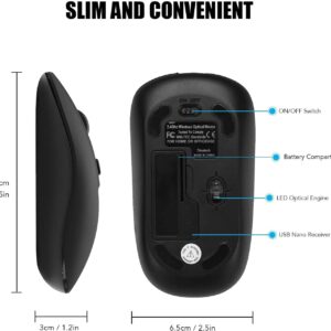 cimetech Wireless Computer Mouse, 2.4G Slim Cordless Mouse Less Noise for Laptop Ergonomic Optical with Nano Receiver USB Mouse for Laptop, Deskbtop, Mac (BAT Black)