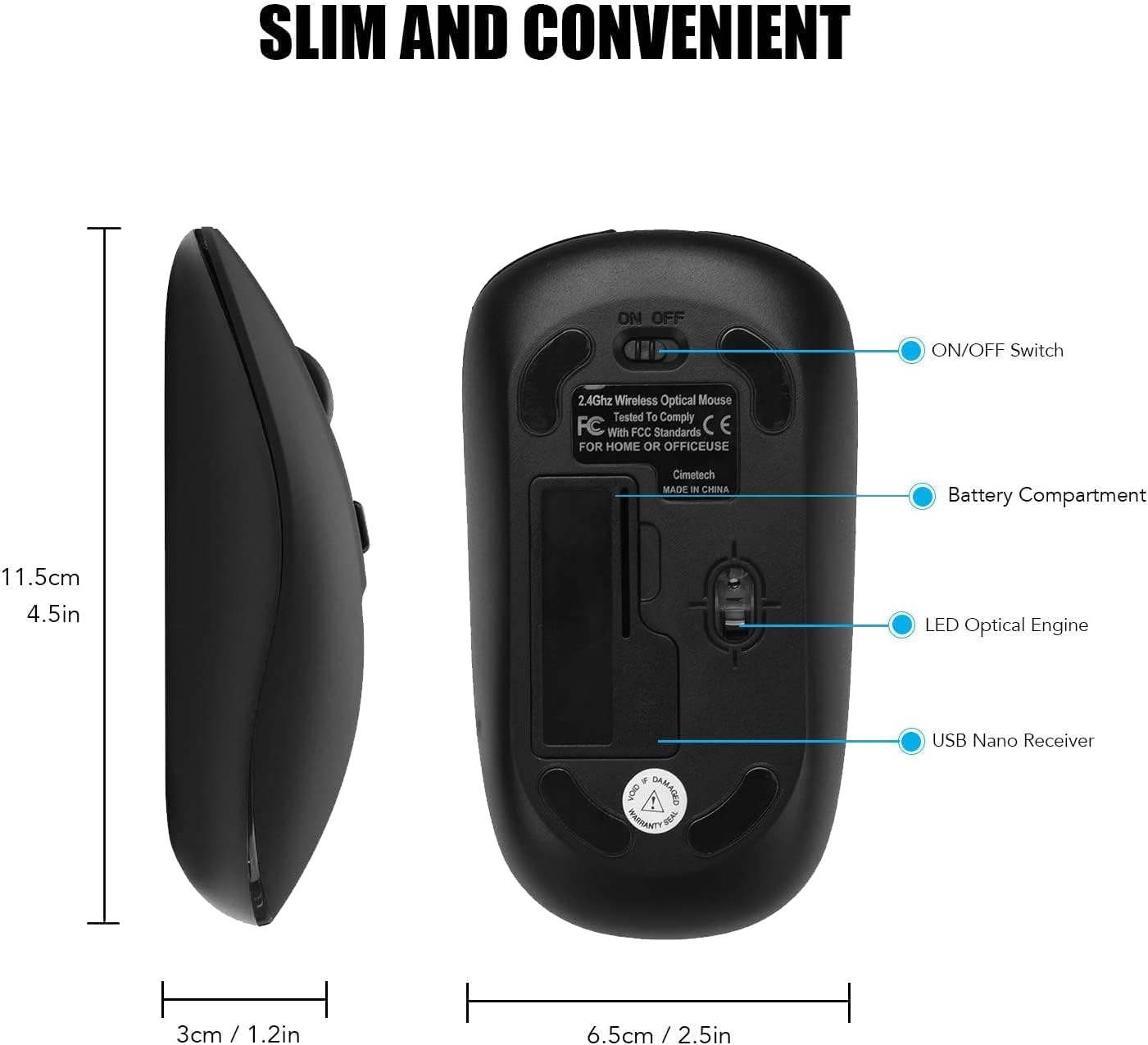 cimetech Wireless Computer Mouse, 2.4G Slim Cordless Mouse Less Noise for Laptop Ergonomic Optical with Nano Receiver USB Mouse for Laptop, Deskbtop, Mac (BAT Black)