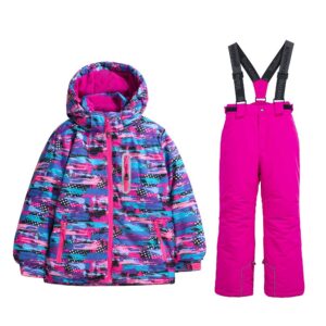 WOWULOVELY Girls Thicken Warm Snowsuit Hooded Ski Jacket Pants 2 Pcs Set Skiing Jacket with Pants(23 Rose1,Size 8)