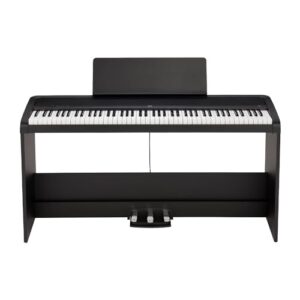 korg, portable digital piano with 88-key full size weighted keyboard, built-in speakers, furniture, music stand, and 3-pedal unit (b2sp bk)
