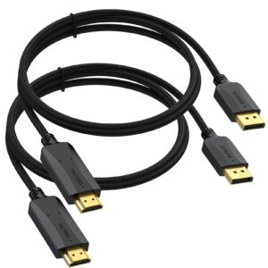 displayport to hdmi cable 6 feet 2-pack, thin display port dp to hdmi adapter male to male cord gold-plated braided fhd supports video and audio compatible with dell, hp, insignia, samsung, more