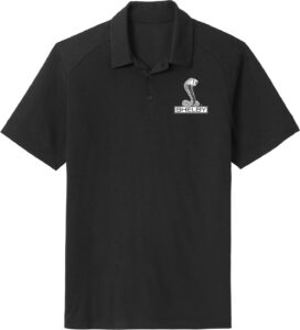 ford mustang shelby cobra pocket print wicking polo, black 2xl