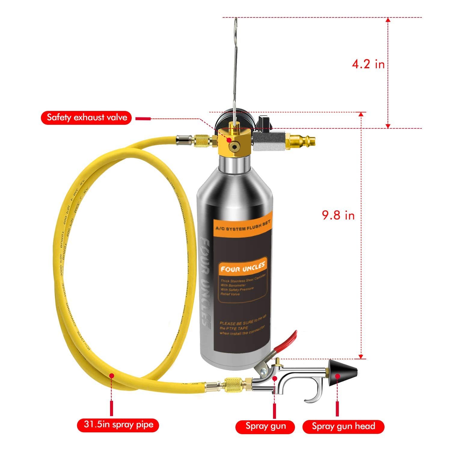 FOUR UNCLES IRONCUBE AC Flush Kit,A/C Air Conditioner System Flush Canister Kit Clean Tool Set R134a R12 R22 R410a R404a for Auto Car with 3.5 ft Hose American Interface