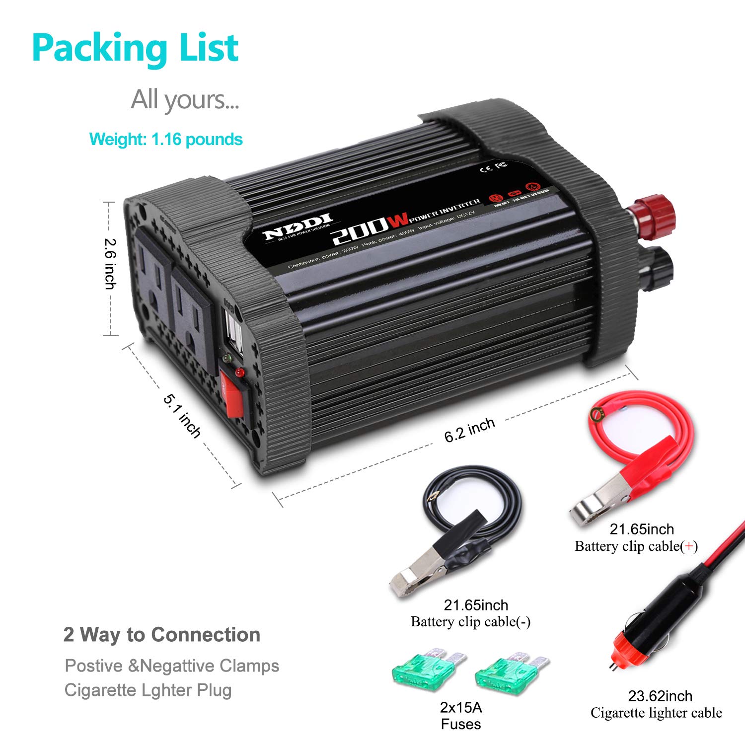 NDDI 200W Car Power Inverter 12V DC to 110V AC Converter with 3.1A Dual USB Quick Car Charger Adapter(Black)