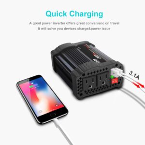 NDDI 200W Car Power Inverter 12V DC to 110V AC Converter with 3.1A Dual USB Quick Car Charger Adapter(Black)