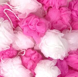 loofah lord 20 white and pink mixed assortment bath or shower sponge loofahs pouf mesh baby shower, girls gift bag wholesale bulk lot
