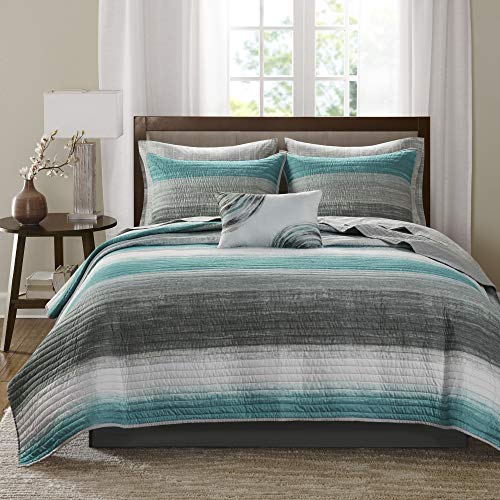 Madison Park Essentials Saben Cozy Bed in A Bag Reversible Quilt with Complete Cotton Sheet Set-Geometric Design All Season Cover, Decorative Pillow, Twin(68"x86"), Stripes Aqua 6 Piece