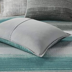 Madison Park Essentials Saben Cozy Bed in A Bag Reversible Quilt with Complete Cotton Sheet Set-Geometric Design All Season Cover, Decorative Pillow, Twin(68"x86"), Stripes Aqua 6 Piece