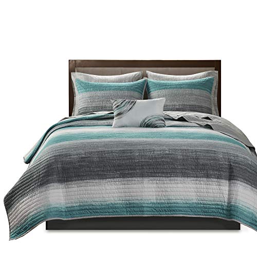 Madison Park Essentials Saben Cozy Bed in A Bag Reversible Quilt with Complete Cotton Sheet Set-Geometric Design All Season Cover, Decorative Pillow, Twin(68"x86"), Stripes Aqua 6 Piece