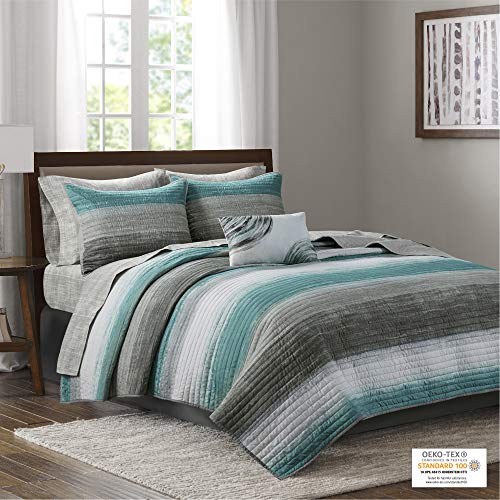 Madison Park Essentials Saben Cozy Bed in A Bag Reversible Quilt with Complete Cotton Sheet Set-Geometric Design All Season Cover, Decorative Pillow, Twin(68"x86"), Stripes Aqua 6 Piece