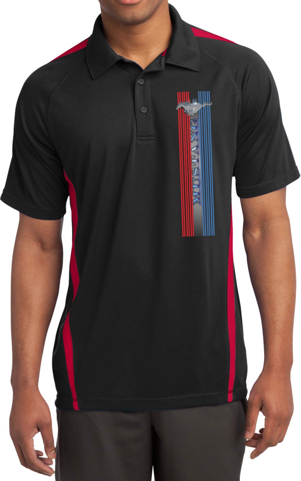 Ford Mustang Tri Bar Pocket Print Colorblock Polo, Black Red XL