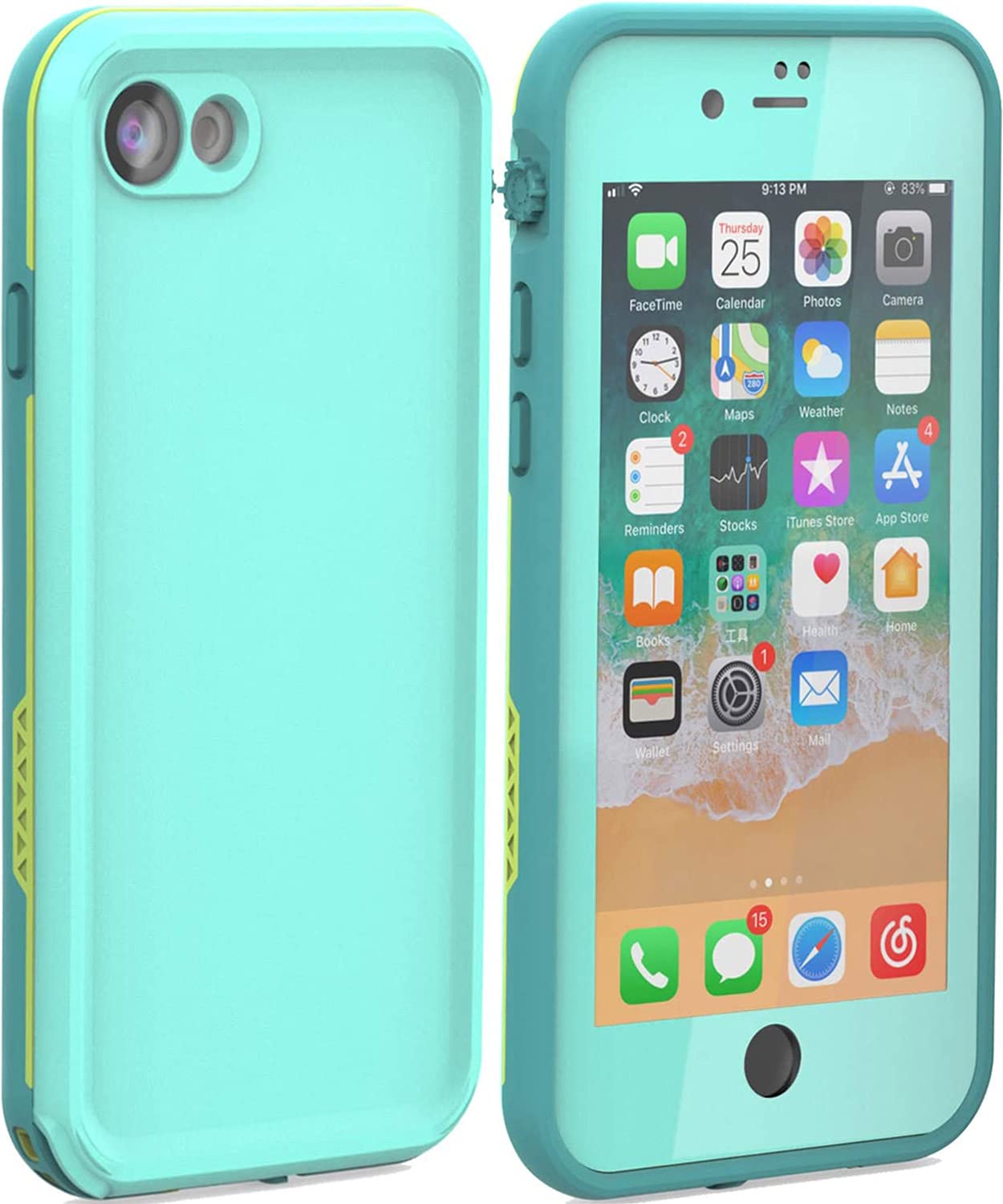 LOVE BEIDI iPhone 8 7 Waterproof Case Cover Built-in Screen Protector Fully Sealed Life Shockproof Snowproof Underwater Protective Cases for iPhone 8 7-4.7" (Cyan/Green/Mint Green)