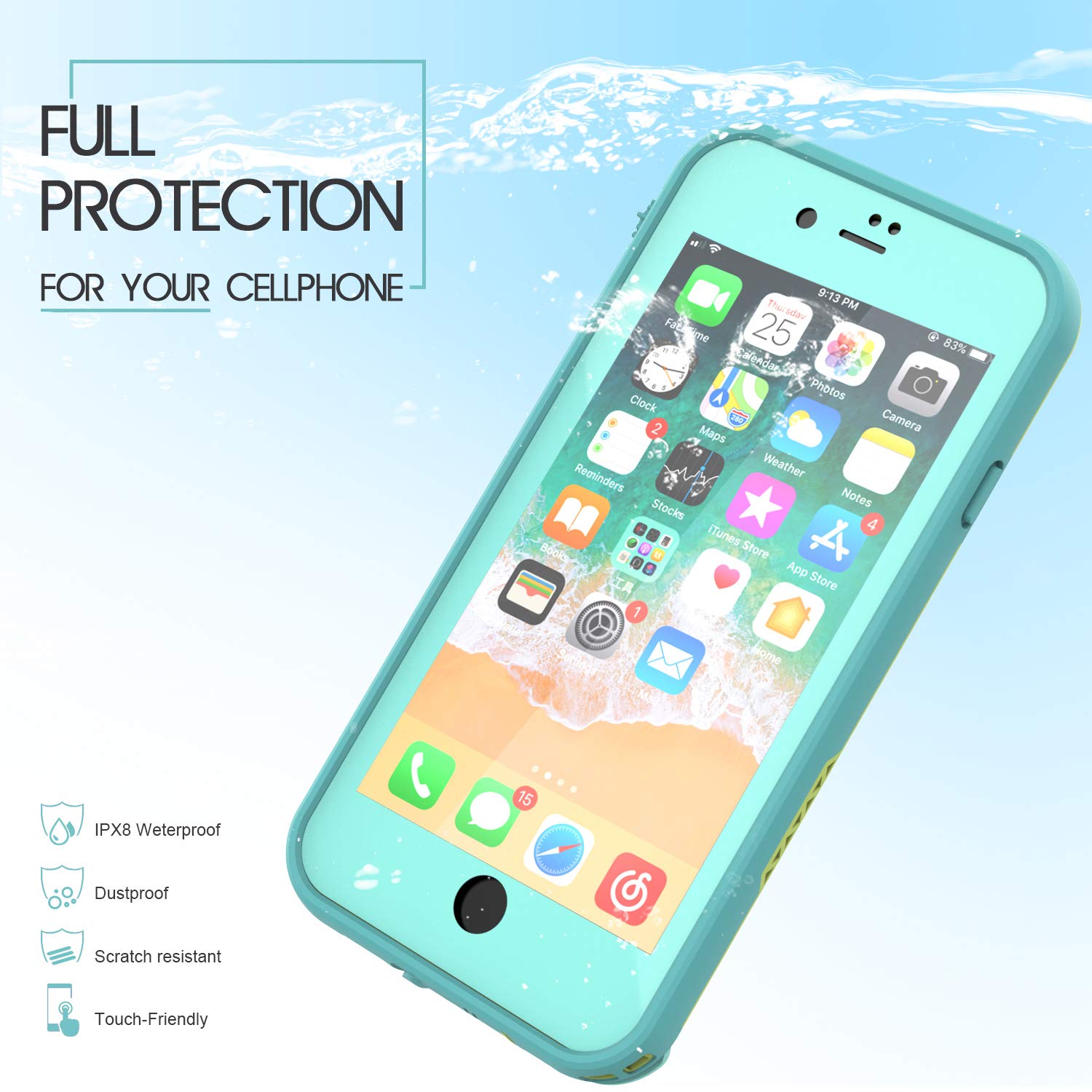 LOVE BEIDI iPhone 8 7 Waterproof Case Cover Built-in Screen Protector Fully Sealed Life Shockproof Snowproof Underwater Protective Cases for iPhone 8 7-4.7" (Cyan/Green/Mint Green)