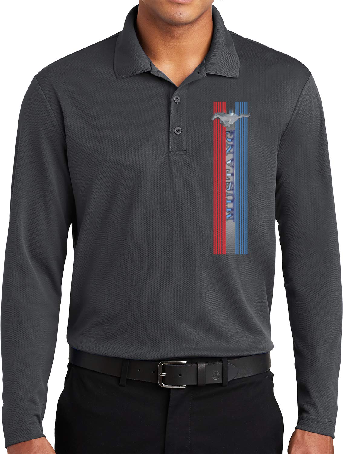 Ford Mustang Tri Bar Logo Pocket Print Long Sleeve Polo, Graphite 2XL