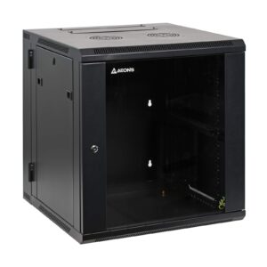 aeons depot 12u professional wall mount server cabinet enclosure double section hinged swing out 19-inch server network rack with locking glass door black (fully assembled)