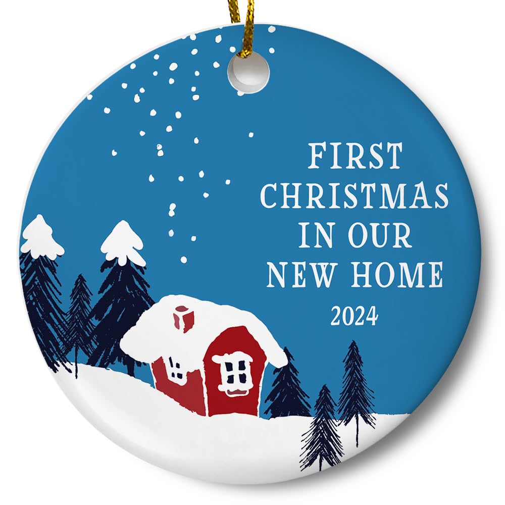 First Christmas in Our New Home Christmas Ornament, Winter Woodland Ornament, Housewarming Gift, Homeowner Present, 3 Inch Flat Ceramic Ornament with Gift Box