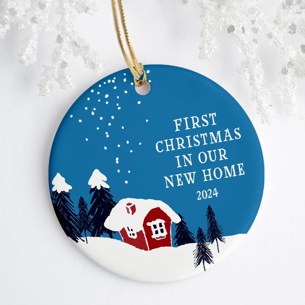 First Christmas in Our New Home Christmas Ornament, Winter Woodland Ornament, Housewarming Gift, Homeowner Present, 3 Inch Flat Ceramic Ornament with Gift Box