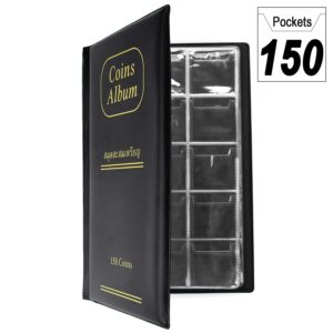 CenterZ 150 Pockets Coin Album, Penny Collecting Book, Souvenir Coins Collection Holder, Ideal for Pressed Pennies Passport, Hobby Coin Collector, Money Specie Display Storage Case (Black)