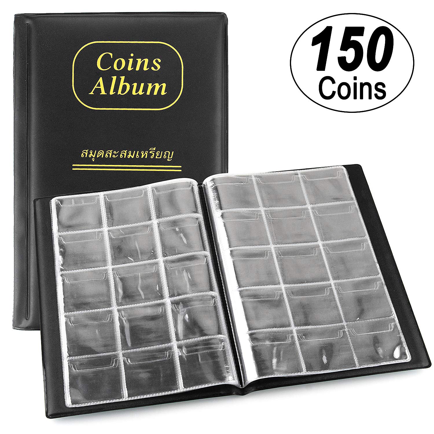 CenterZ 150 Pockets Coin Album, Penny Collecting Book, Souvenir Coins Collection Holder, Ideal for Pressed Pennies Passport, Hobby Coin Collector, Money Specie Display Storage Case (Black)