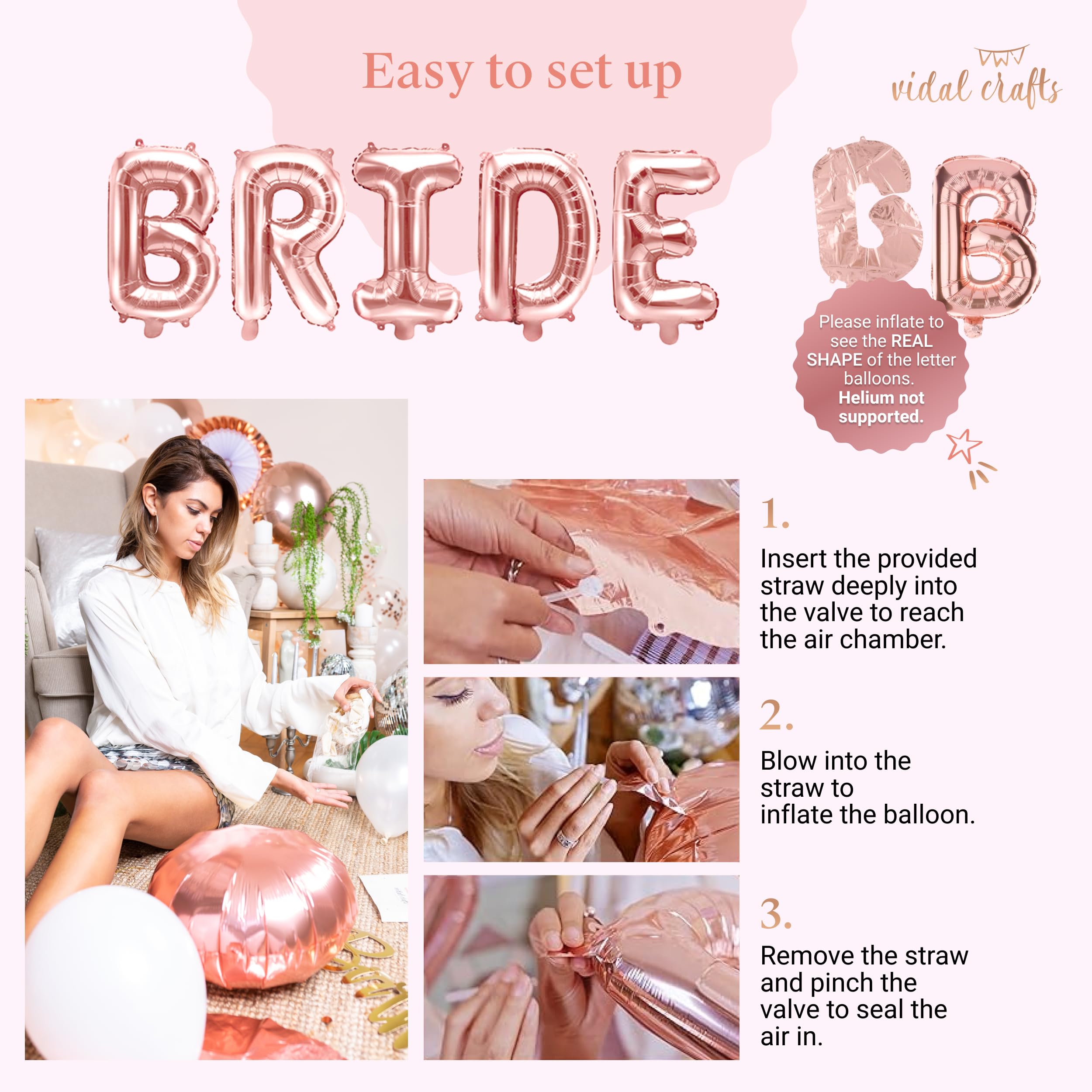 VIDAL CRAFTS Rose Gold Bridal Shower Decorations- Bachelorette Party Decorations Kit, Bride to Be Decorations - Including BRIDE Balloons, Banners, Paper Fans, Confetti Balloons