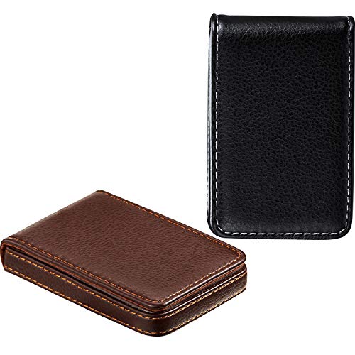 Outus 2 Pieces Business Card Holder, Vertical Version PU Leather Business Card Case Pocket Business Name Card Holder with Magnetic Shut Credit Card ID Case/Wallet (Black and Coffee)