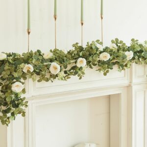 PARTY JOY 6.56ft Eucalyptus Garland with Flowers-8 White Roses, Artificial Fake Flowers Greenery Garland Floral Vines for Decoration Party Wedding Table Indoor Outdoor Backdrop Wall Decor(White)