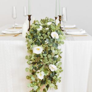 PARTY JOY 6.56ft Eucalyptus Garland with Flowers-8 White Roses, Artificial Fake Flowers Greenery Garland Floral Vines for Decoration Party Wedding Table Indoor Outdoor Backdrop Wall Decor(White)