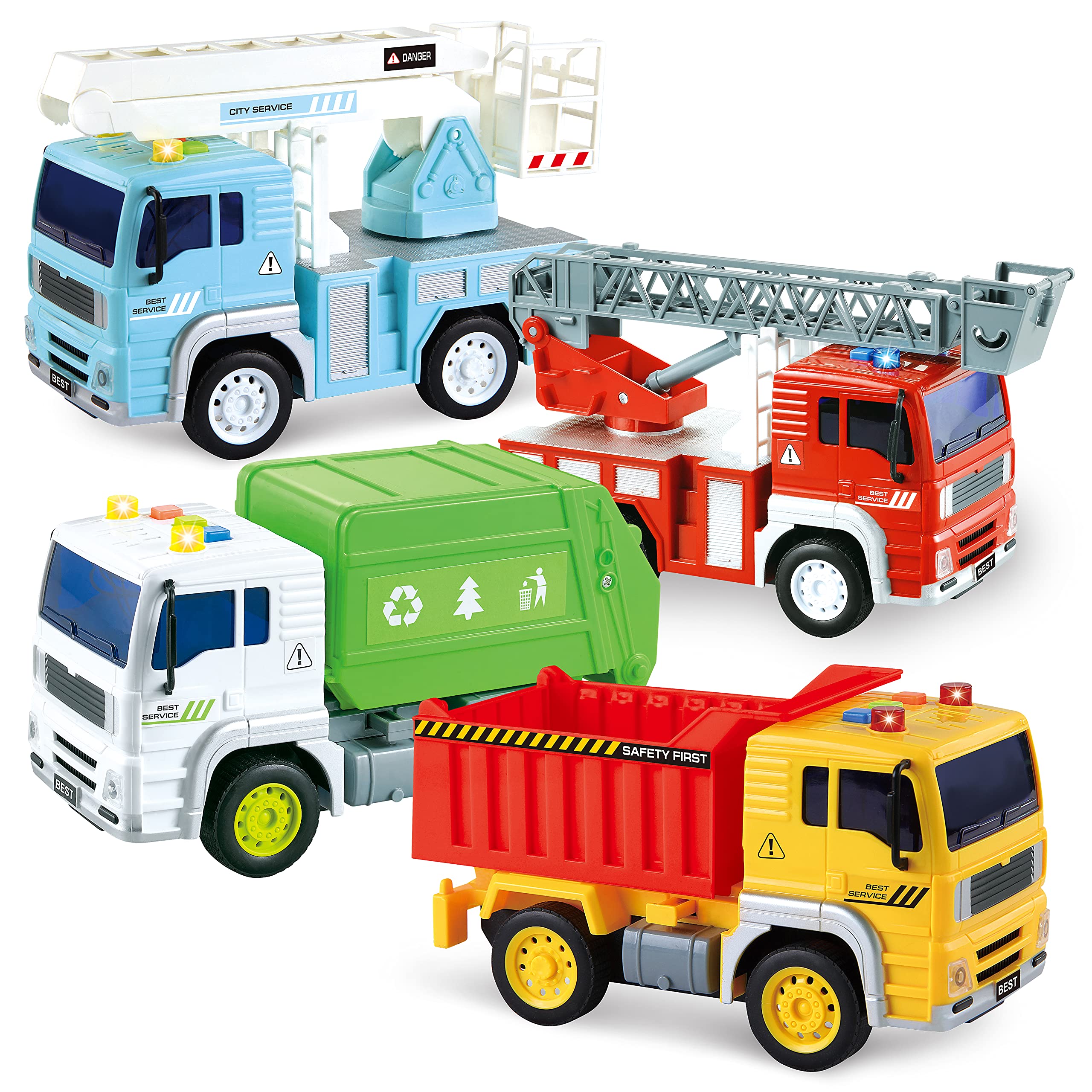 JOYIN 4 Pack Friction Powered City Vehicles Including Garbage Truck, Fire Engine Truck, Boom Lift Truck and Construction Dump Truck with Lights and Sounds