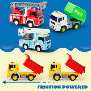 JOYIN 4 Pack Friction Powered City Vehicles Including Garbage Truck, Fire Engine Truck, Boom Lift Truck and Construction Dump Truck with Lights and Sounds