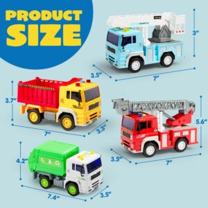 JOYIN 4 Pack Friction Powered City Vehicles Including Garbage Truck, Fire Engine Truck, Boom Lift Truck and Construction Dump Truck with Lights and Sounds