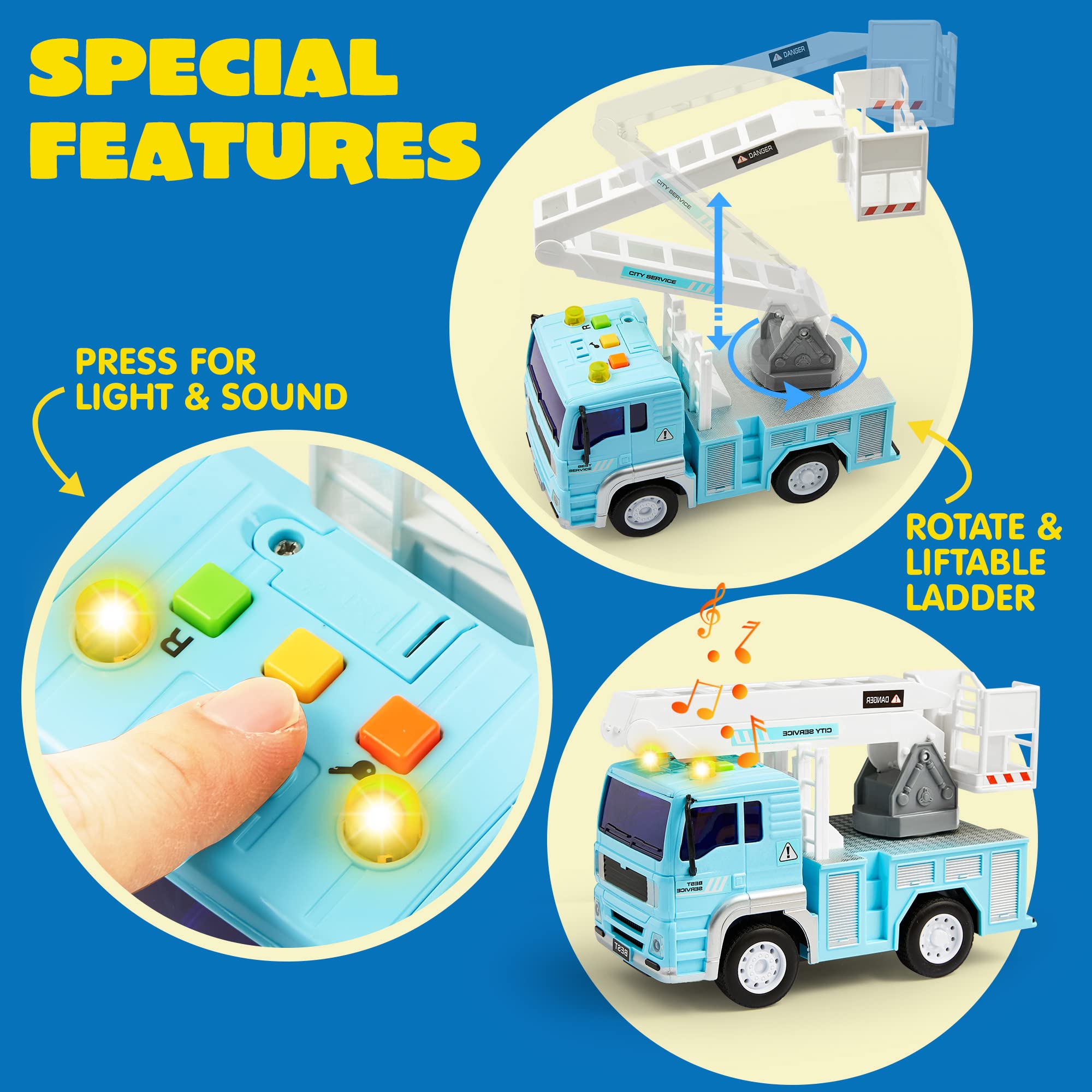 JOYIN 4 Pack Friction Powered City Vehicles Including Garbage Truck, Fire Engine Truck, Boom Lift Truck and Construction Dump Truck with Lights and Sounds