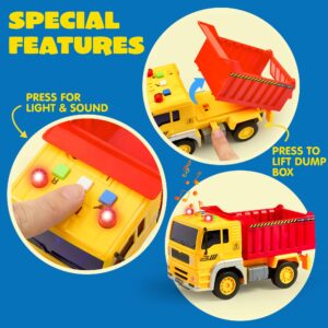 JOYIN 4 Pack Friction Powered City Vehicles Including Garbage Truck, Fire Engine Truck, Boom Lift Truck and Construction Dump Truck with Lights and Sounds