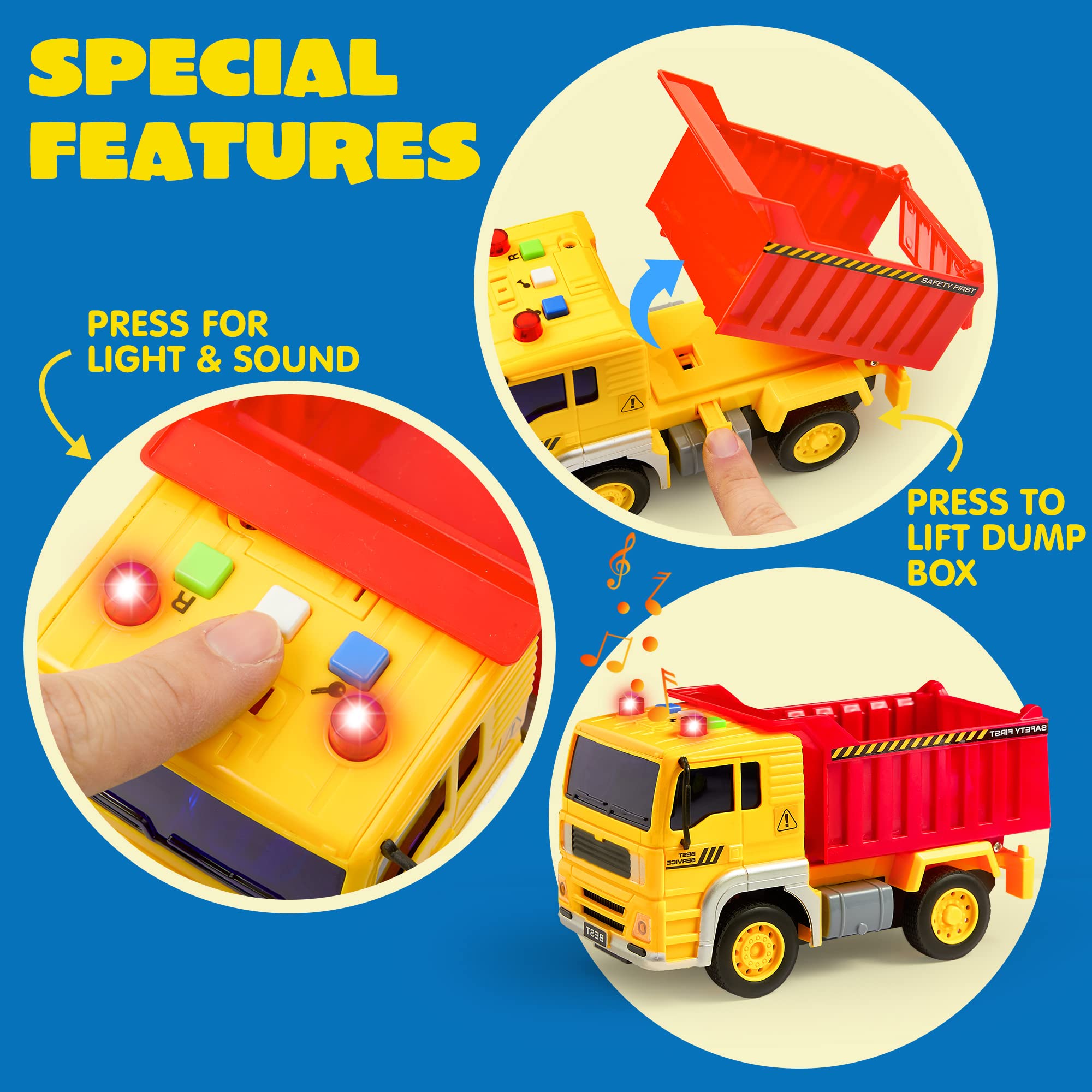 JOYIN 4 Pack Friction Powered City Vehicles Including Garbage Truck, Fire Engine Truck, Boom Lift Truck and Construction Dump Truck with Lights and Sounds