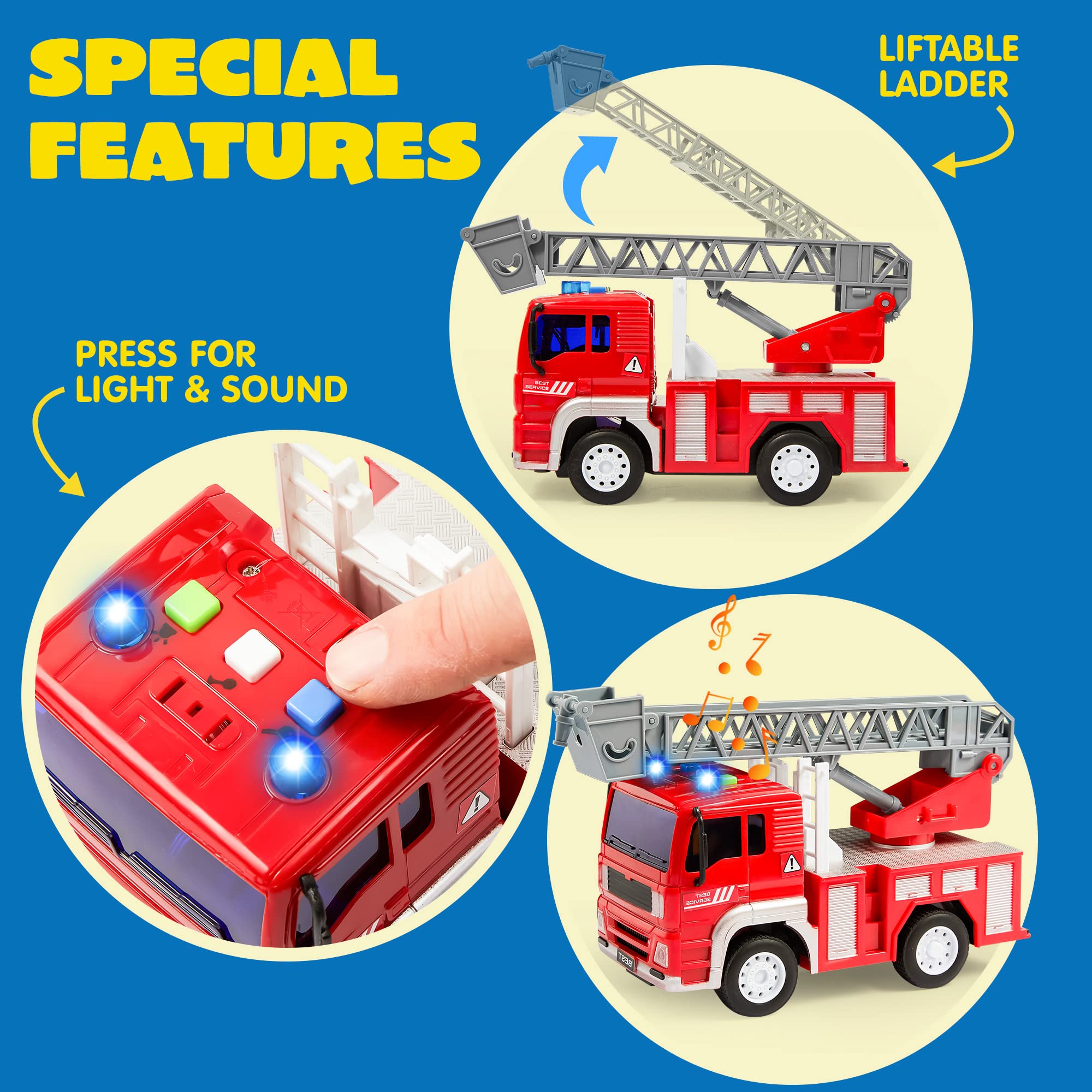 JOYIN 4 Pack Friction Powered City Vehicles Including Garbage Truck, Fire Engine Truck, Boom Lift Truck and Construction Dump Truck with Lights and Sounds