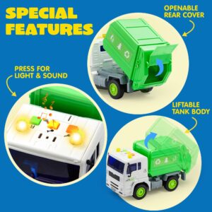 JOYIN 4 Pack Friction Powered City Vehicles Including Garbage Truck, Fire Engine Truck, Boom Lift Truck and Construction Dump Truck with Lights and Sounds