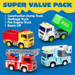 JOYIN 4 Pack Friction Powered City Vehicles Including Garbage Truck, Fire Engine Truck, Boom Lift Truck and Construction Dump Truck with Lights and Sounds