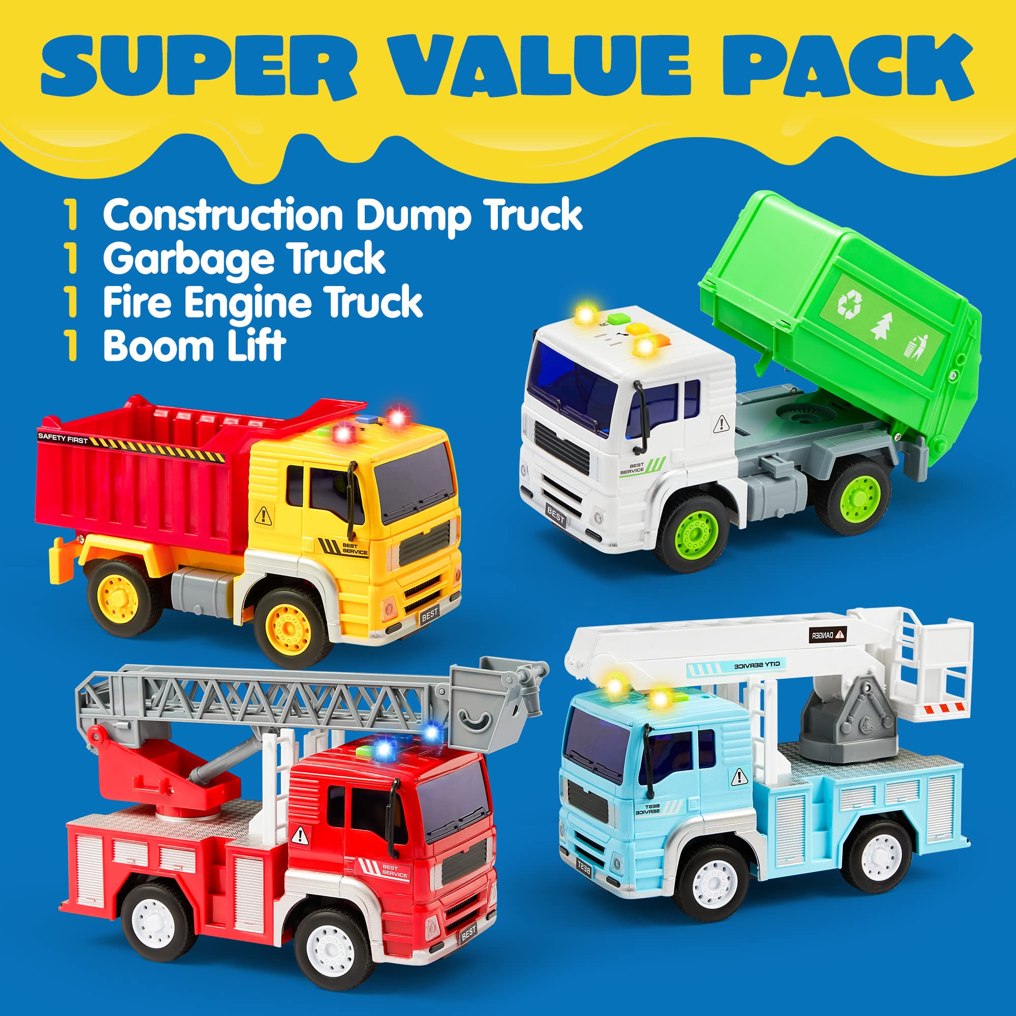 JOYIN 4 Pack Friction Powered City Vehicles Including Garbage Truck, Fire Engine Truck, Boom Lift Truck and Construction Dump Truck with Lights and Sounds