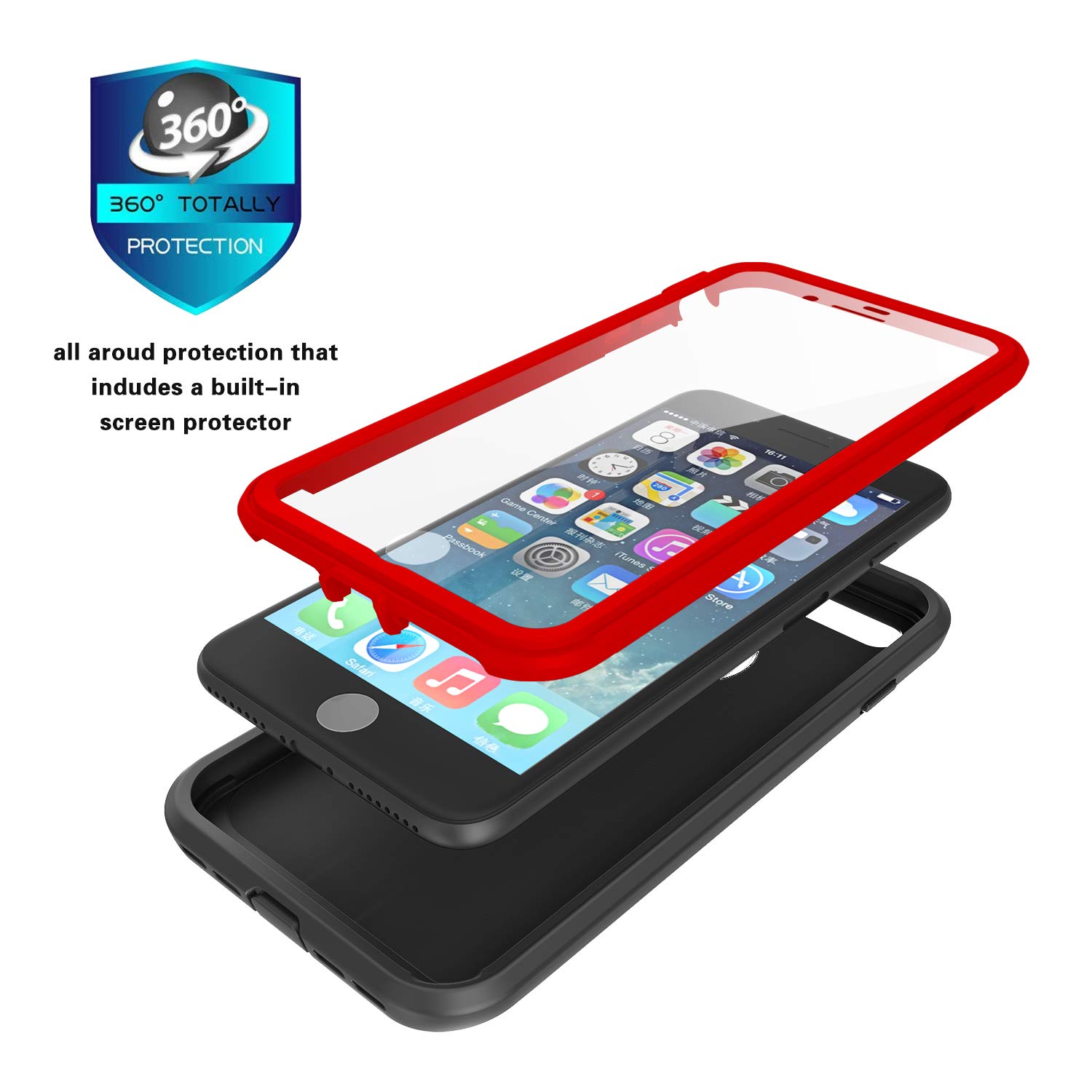 ImpactStrong iPhone 7 Plus/iPhone 8 Plus Case, Ultra Protective Case with Built-in Clear Screen Protector Full Body Cover for iPhone 7 Plus/iPhone 8 Plus (Red)