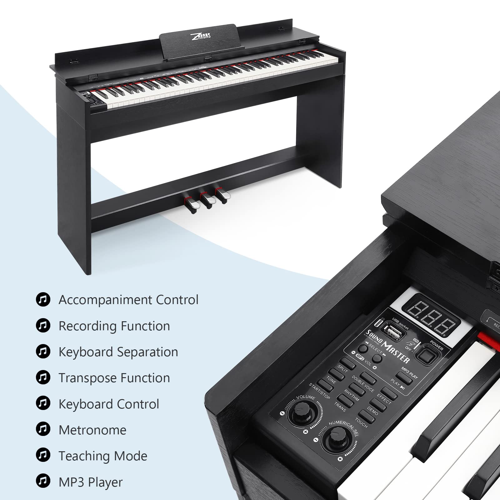 ZHRUNS Digital Piano 88 Key Full-Size Weighted Keyboard Piano,MP3 Function, Remote Control, Power Supply, 3 Pedals, MIDI/Headphone/Audio Output Feature, Suitable for Beginners/Adults