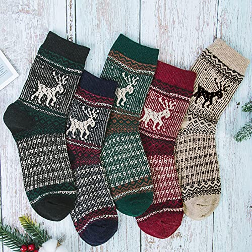 Loritta 5 Pairs Womens Wool Socks Thick Knit Vintage Winter Warm Cozy Crew Socks Gifts,ZU-christmas Elk