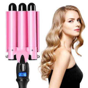 3 barrel curling iron wand hair crimper with dual voltage, 1 inch hair waver iron with lcd temp display, ceramic tourmaline crimper hair iron, hair curler temperature adjustable