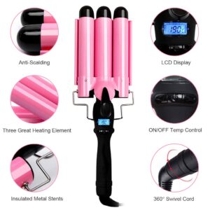 3 Barrel Curling Iron Wand Hair Crimper with Dual Voltage, 1 Inch Hair Waver Iron with LCD Temp Display, Ceramic Tourmaline Crimper Hair Iron, Hair Curler Temperature Adjustable