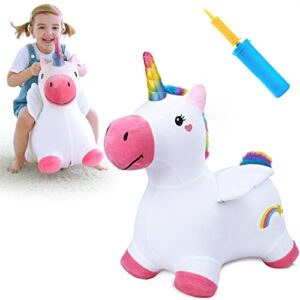 iplay, ilearn bouncy pals unicorn horses, toddler girl bouncing animal hopper, inflatable plush hopping toy, outdoor indoor ride on bouncer, baby first birthday gift 18 month 2 3 4 year old kid